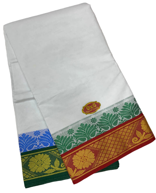 9X5 Cotton Dhoti White with Red and Green Ganga Jamuna Border