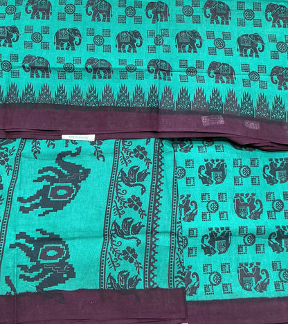Chettinad Sungudi Cotton Rama Green Colour with Dark Purple Colour Border