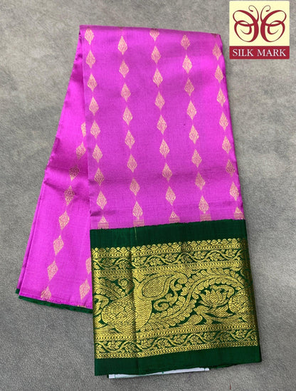 Pink Shade Pure kanchipuram Kids Pattu Pavadai with Contrast Border for Newborn to 2 Years