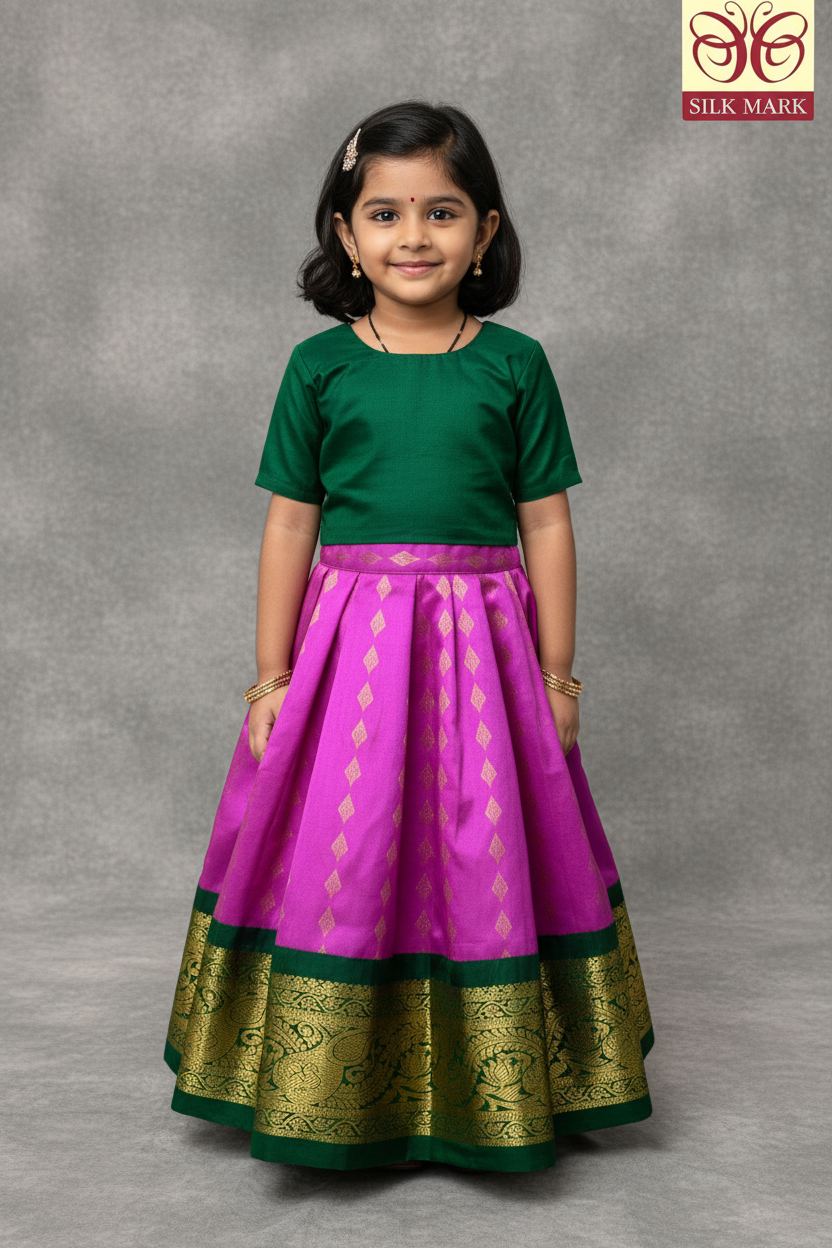 Pink Shade Pure kanchipuram Kids Pattu Pavadai with Contrast Border for Newborn to 2 Years
