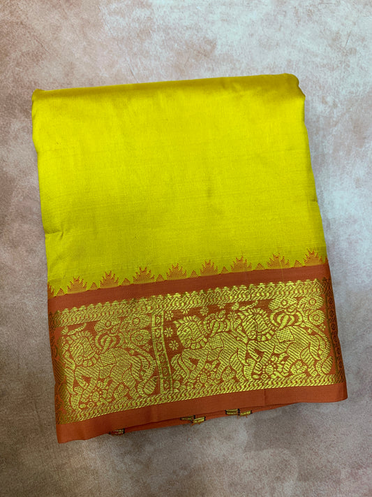 9X5 Pure Silk Dhoti Mustard Colour with Orange and Blue Ganga Jamuna Border
