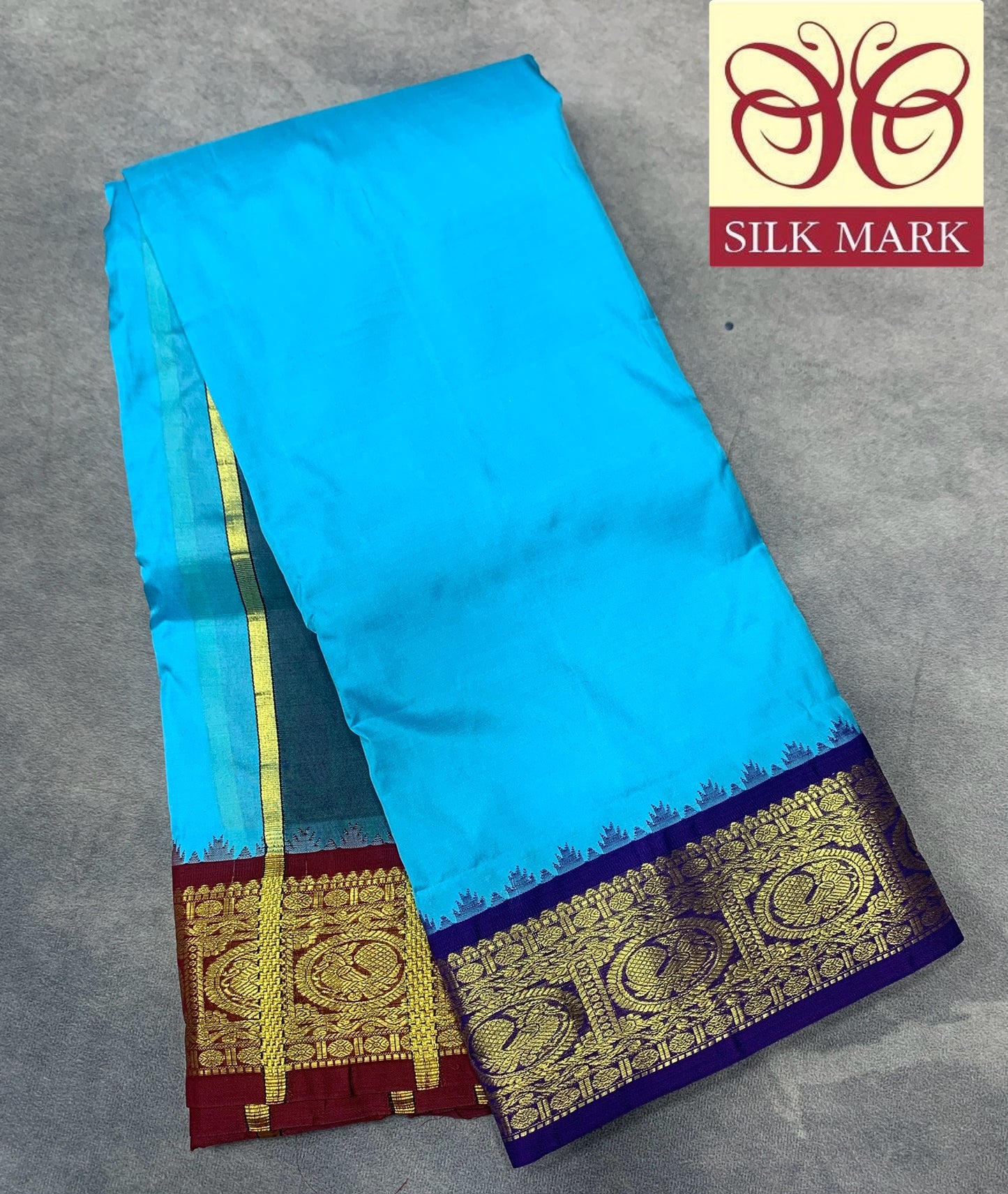 9X5 Pure Silk Dhoti Sky Blue Colour with Navy Blue and Maroon Ganga Jamuna Border