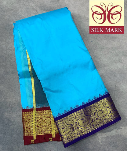 9X5 Pure Silk Dhoti Sky Blue Colour with Navy Blue and Maroon Ganga Jamuna Border