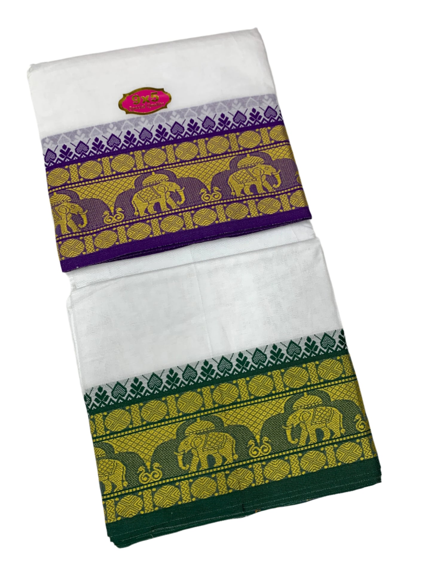 9X5 Cotton Dhoti White with Blue and Green Ganga Jamuna Border