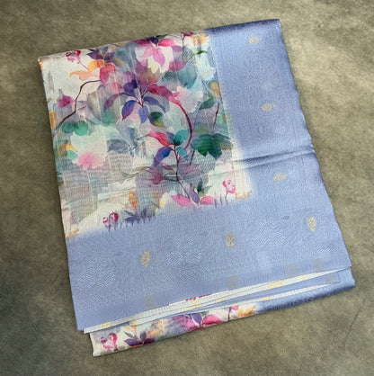 Digital Print Cotton Saree Light Blue Colour with Floral Pattern