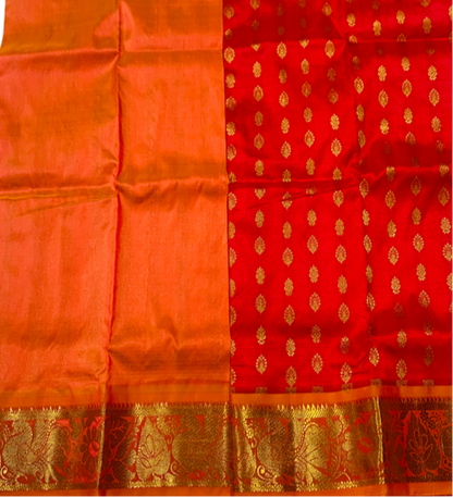 Red shade Pure Kanchipuram Kids Pattu Pavadai with contrast border for for newborn to 2 Years