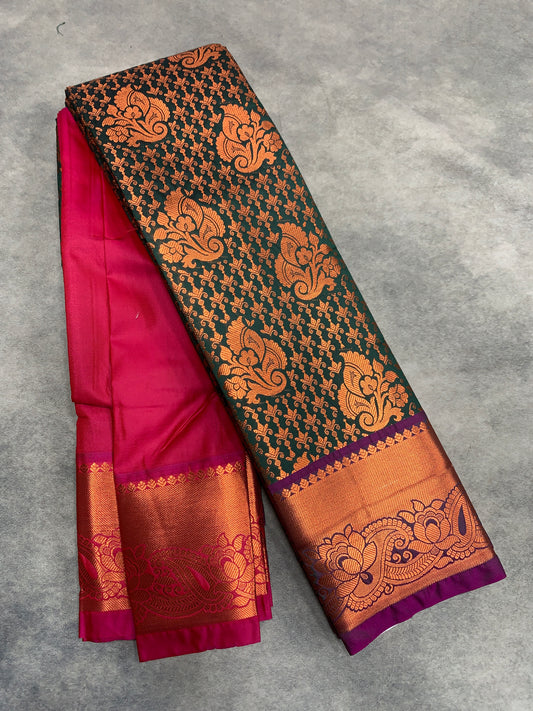 Vegan Silk Saree Green Colour with Magenta and Copper Border