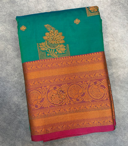 Soft Silk Casual Saree Rama Green Colour with Pink and Golden Colour Border