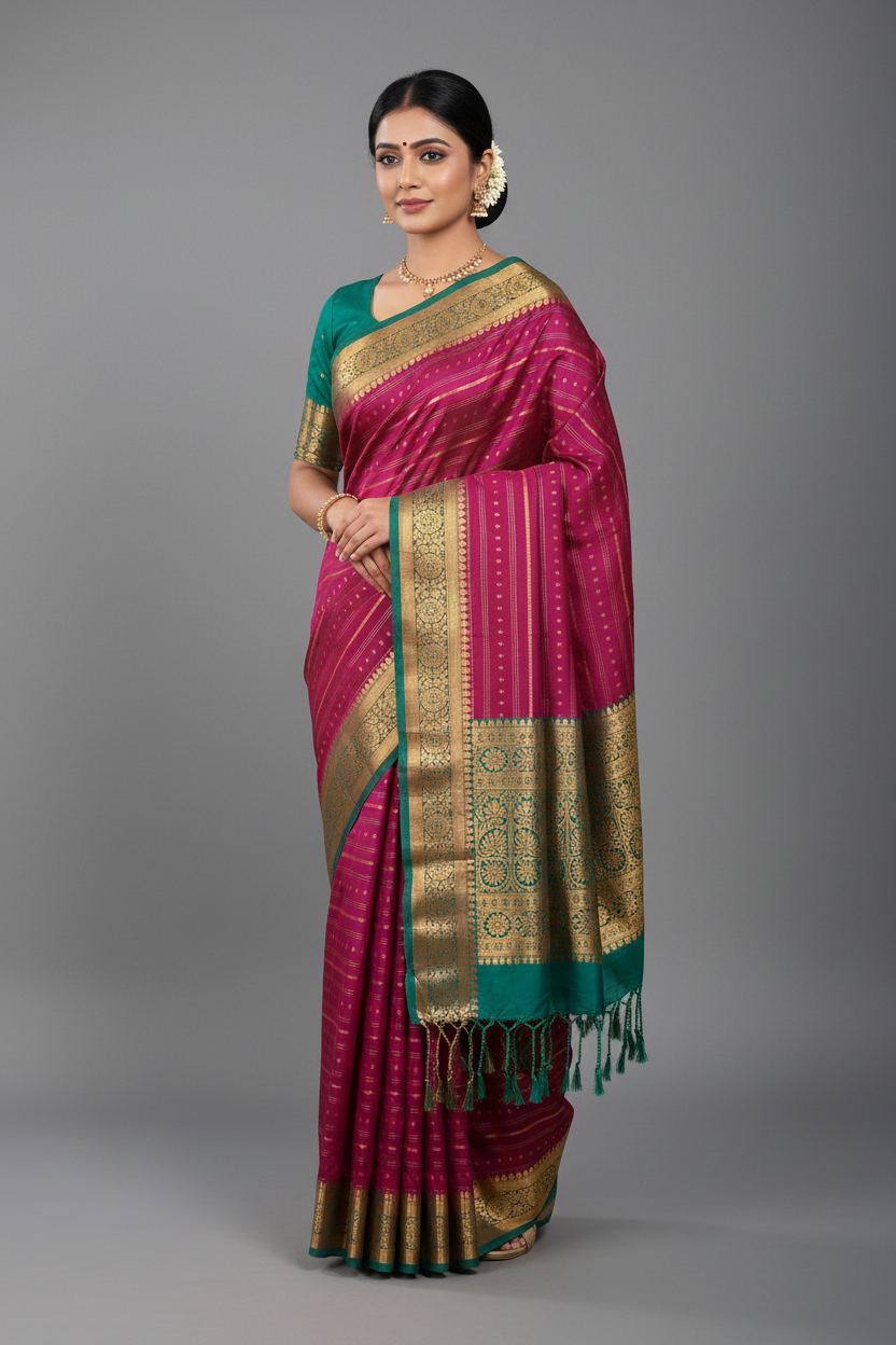 Soft Vegan Silk Saree Magenta Colour with Rama Green and Copper Border