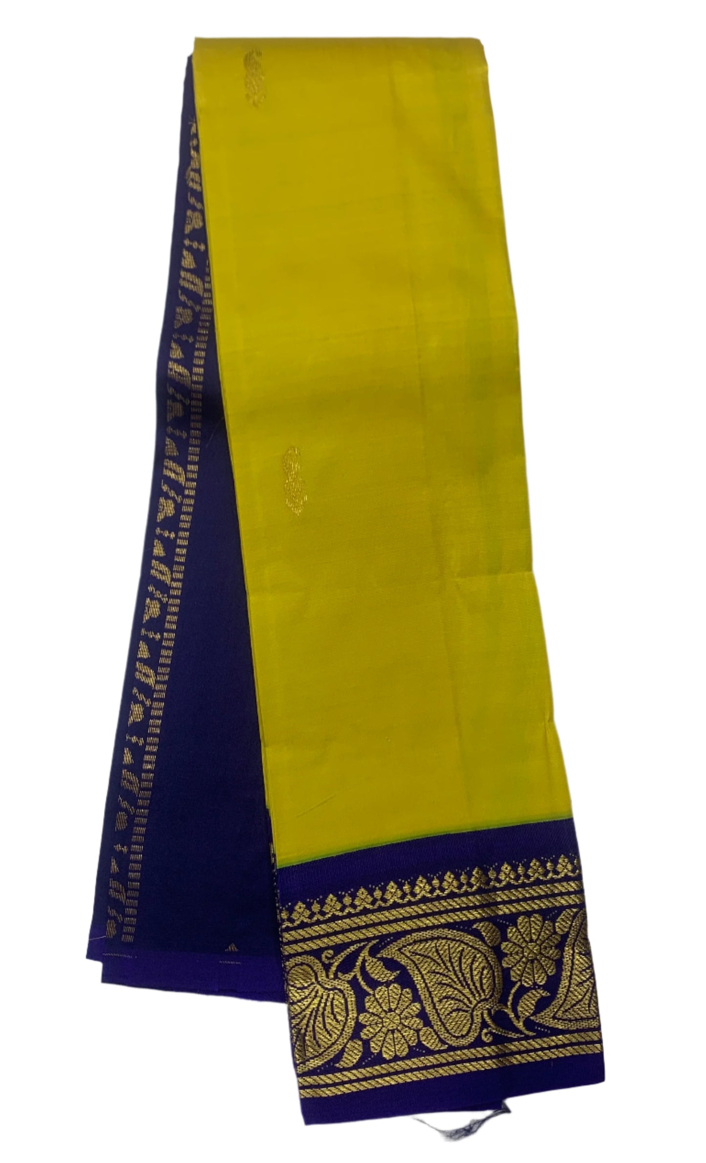 Pure Kanchipuram Silk Saree Yellow Green Colour with Brown and Gold Zari Border