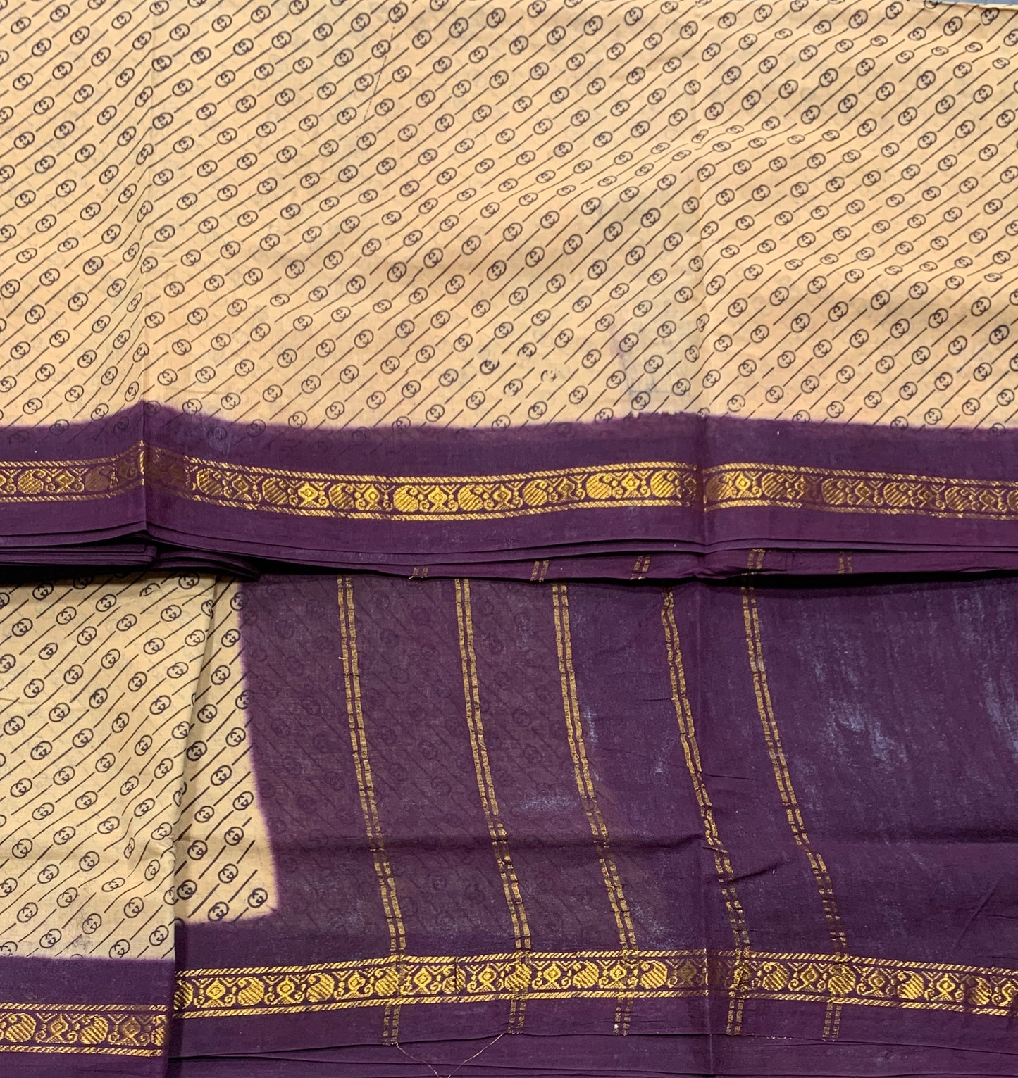 9 yards Cotton Saree Sandal Colour with Dark Purple Border