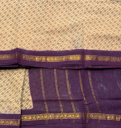 9 yards Cotton Saree Sandal Colour with Dark Purple Border