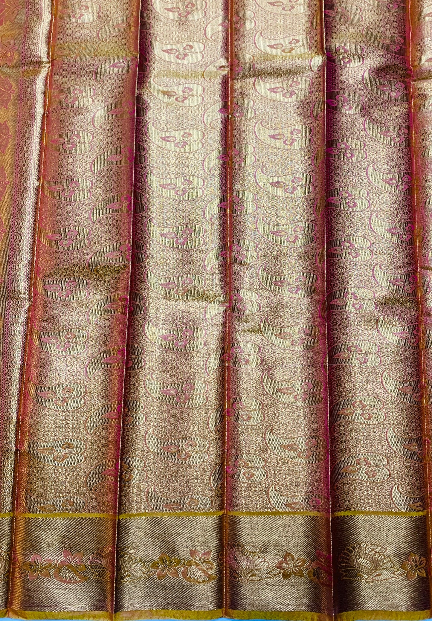 Vegan Silk Saree Magenta Colour with Copper and Golden Yellow Border