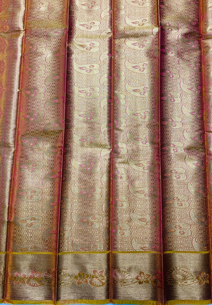 Vegan Silk Saree Magenta Colour with Copper and Golden Yellow Border