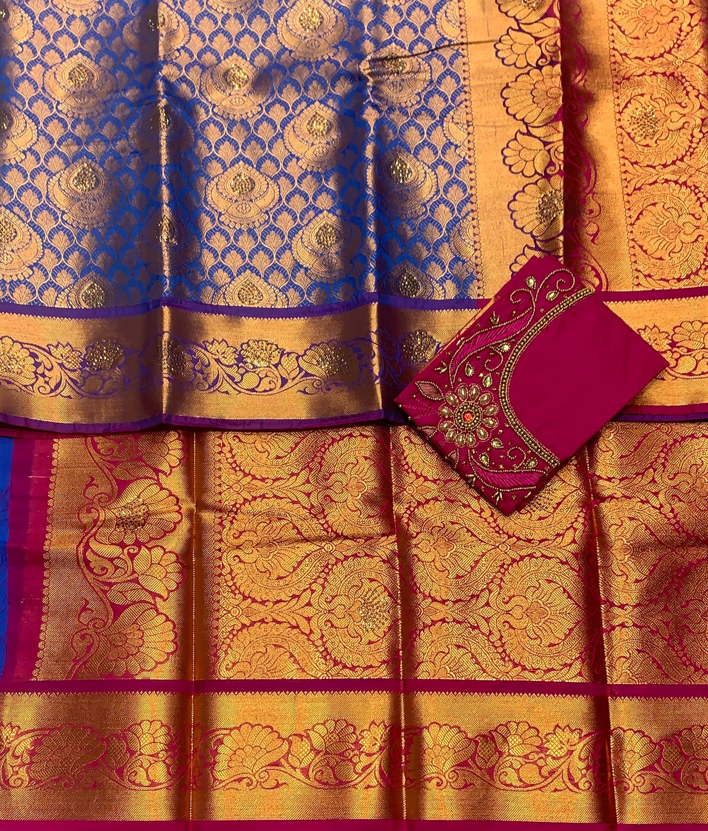 Bridal Vegan Silk Saree Blue shade with Pink Border with Unstitched blouse in Aari Work