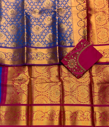 Bridal Vegan Silk Saree Blue shade with Pink Border with Unstitched blouse in Aari Work