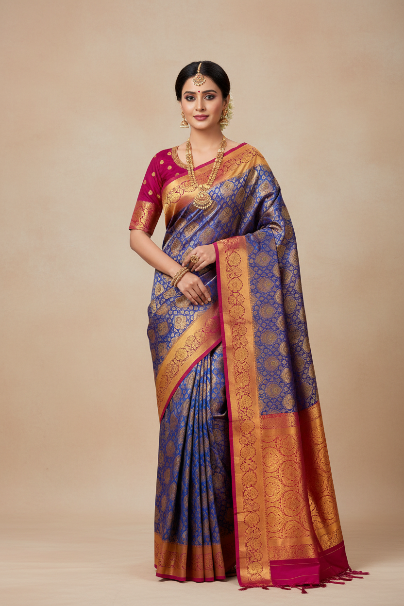 Bridal Vegan Silk Saree Blue shade with Pink Border with Unstitched blouse in Aari Work