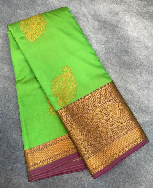 Soft Silk Casual Saree Apple Green Colour with Pink and Golden Colour Border
