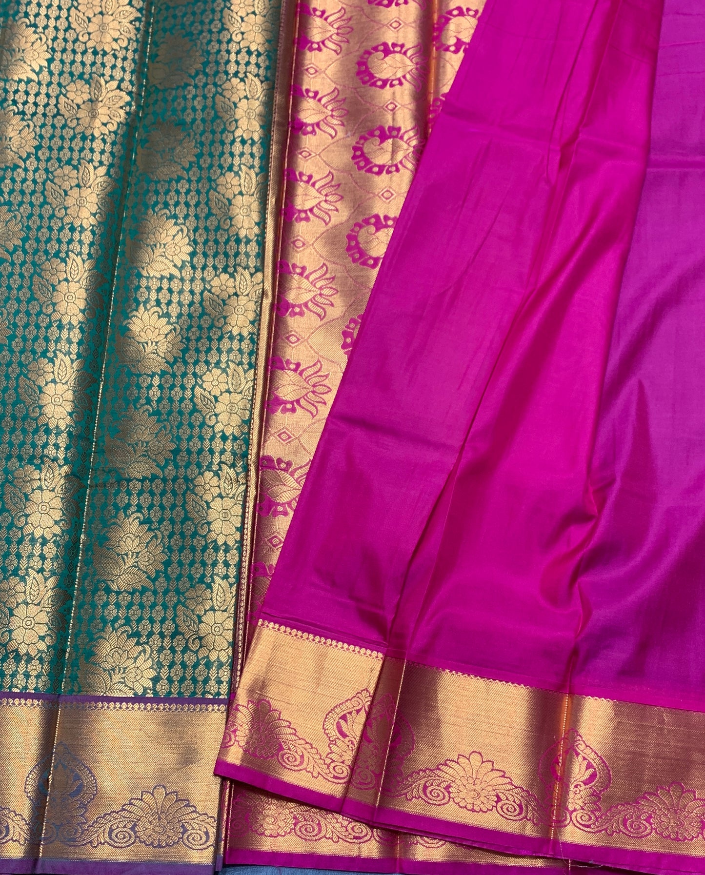 Vegan Silk Saree Green Colour with Pink and Copper Border