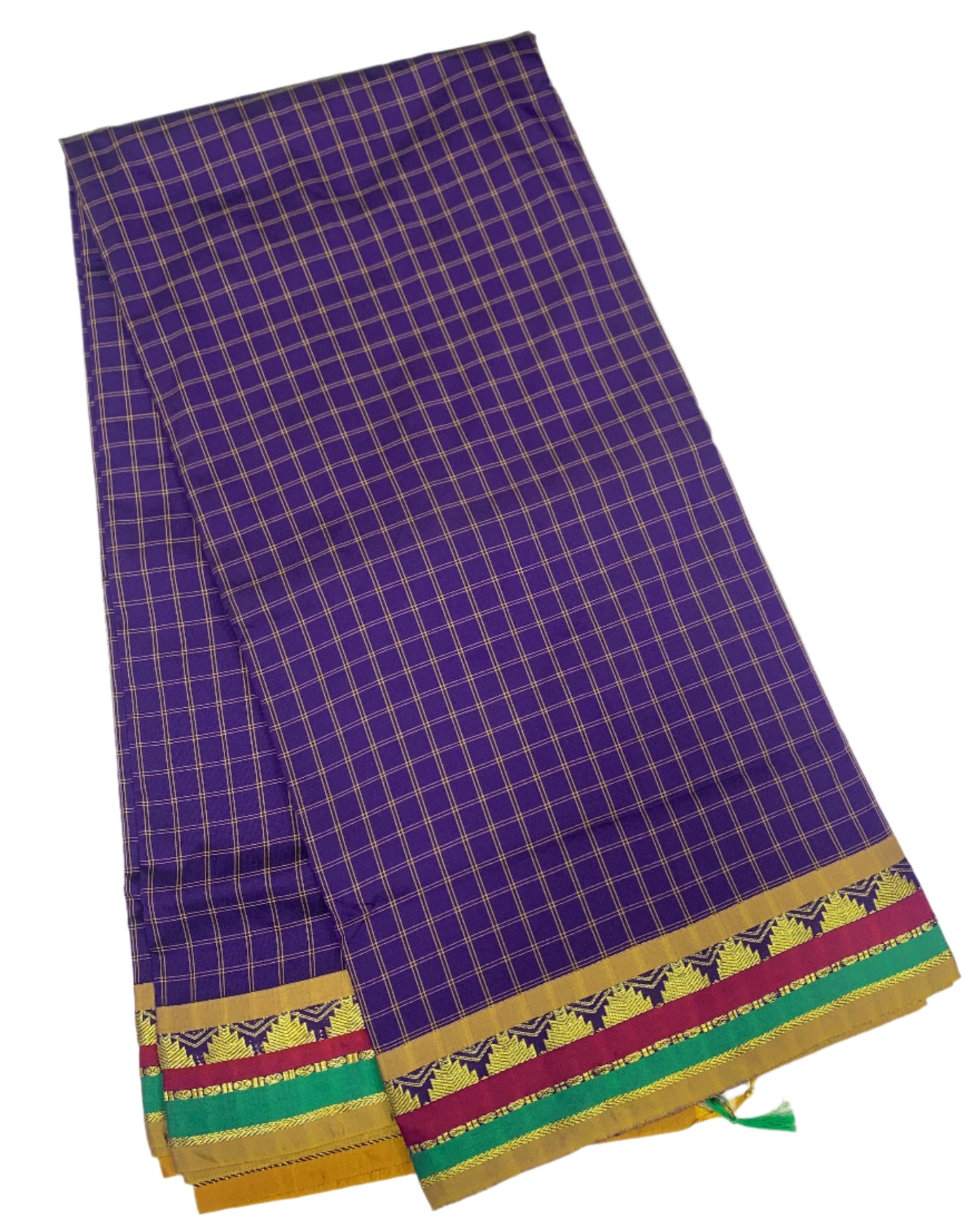 9 yards Vegan Silk Saree Violet Colour with Cheked Design