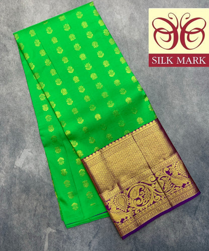 Light Green Shade Pure Kanchipuram Kids Pattu Pavadai with Contrast Border for Age Above 10 Years