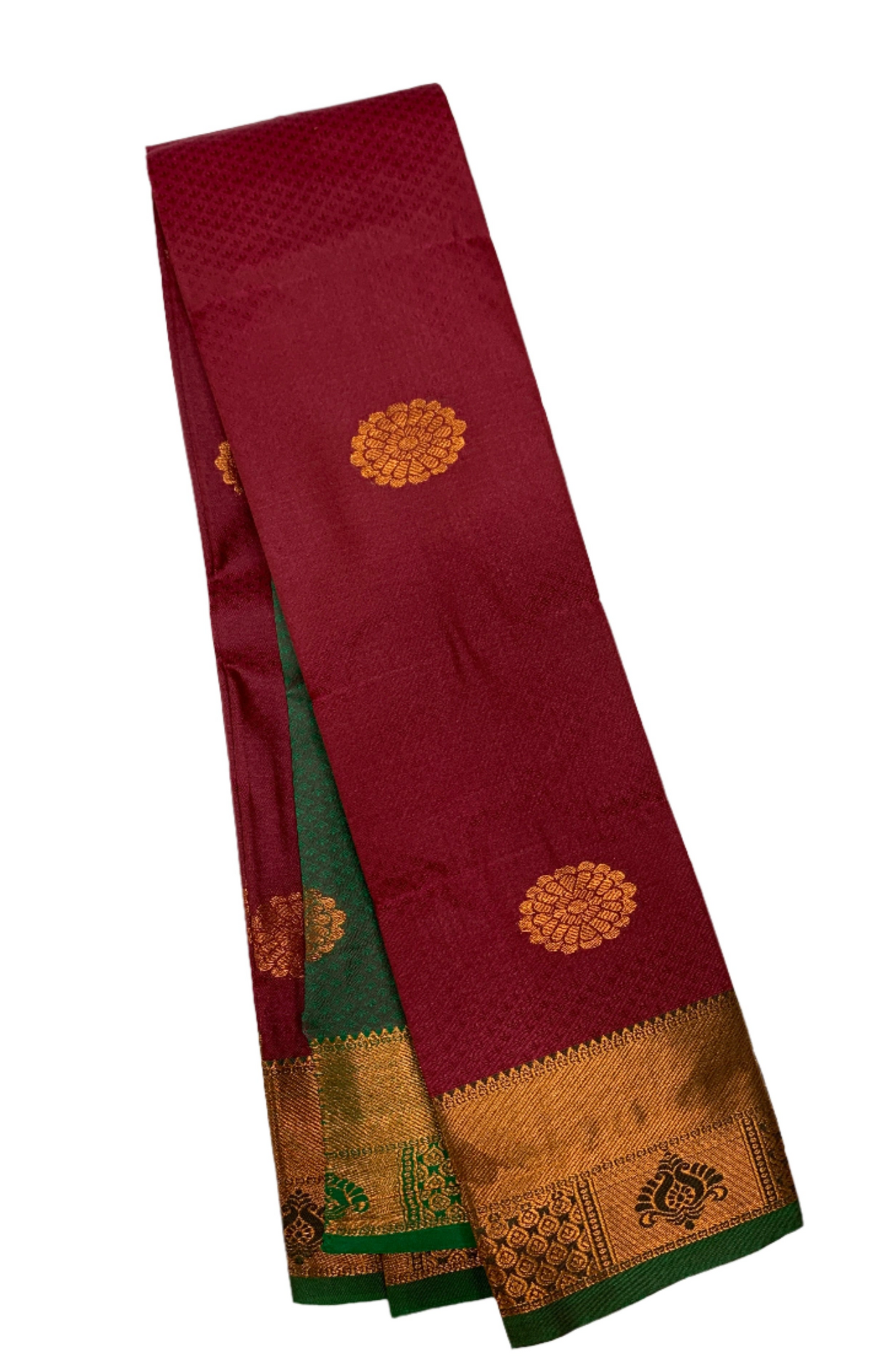 Maroon Shade Silk Cotton Saree with Copper Zari Border and Floral Design