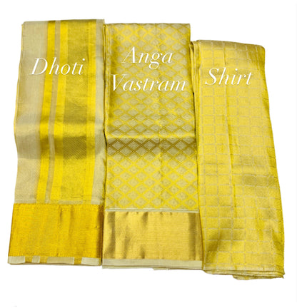 Pure Silk Tissue Dhoti with Angavastram and Matching Shirt Material Combo