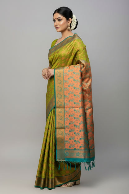 Vegan Silk Saree Lime Green Colour with light Green and Copper Border