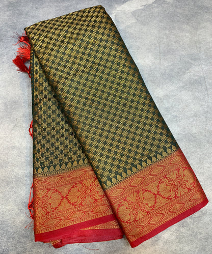 Crepe Saree Green Colour with Red Border