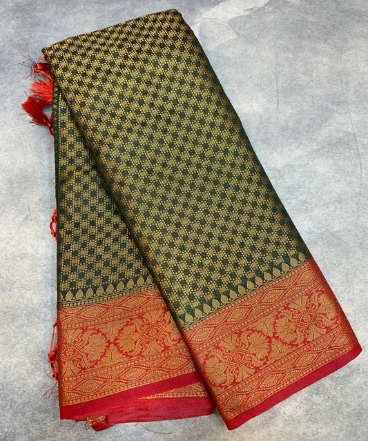 Crepe Saree Green Colour with Red Border