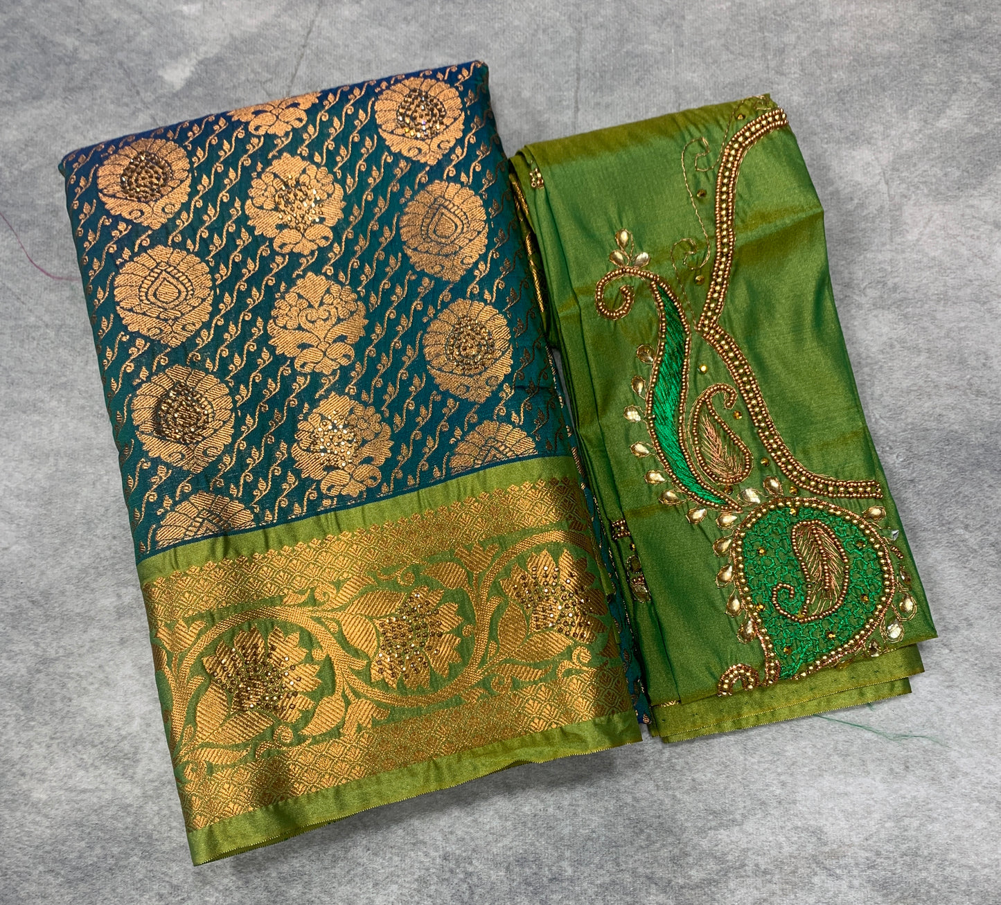 Bridal Vegan Silk Saree Rama Green shade with Light Green Border with Unstitched blouse in Aari Work