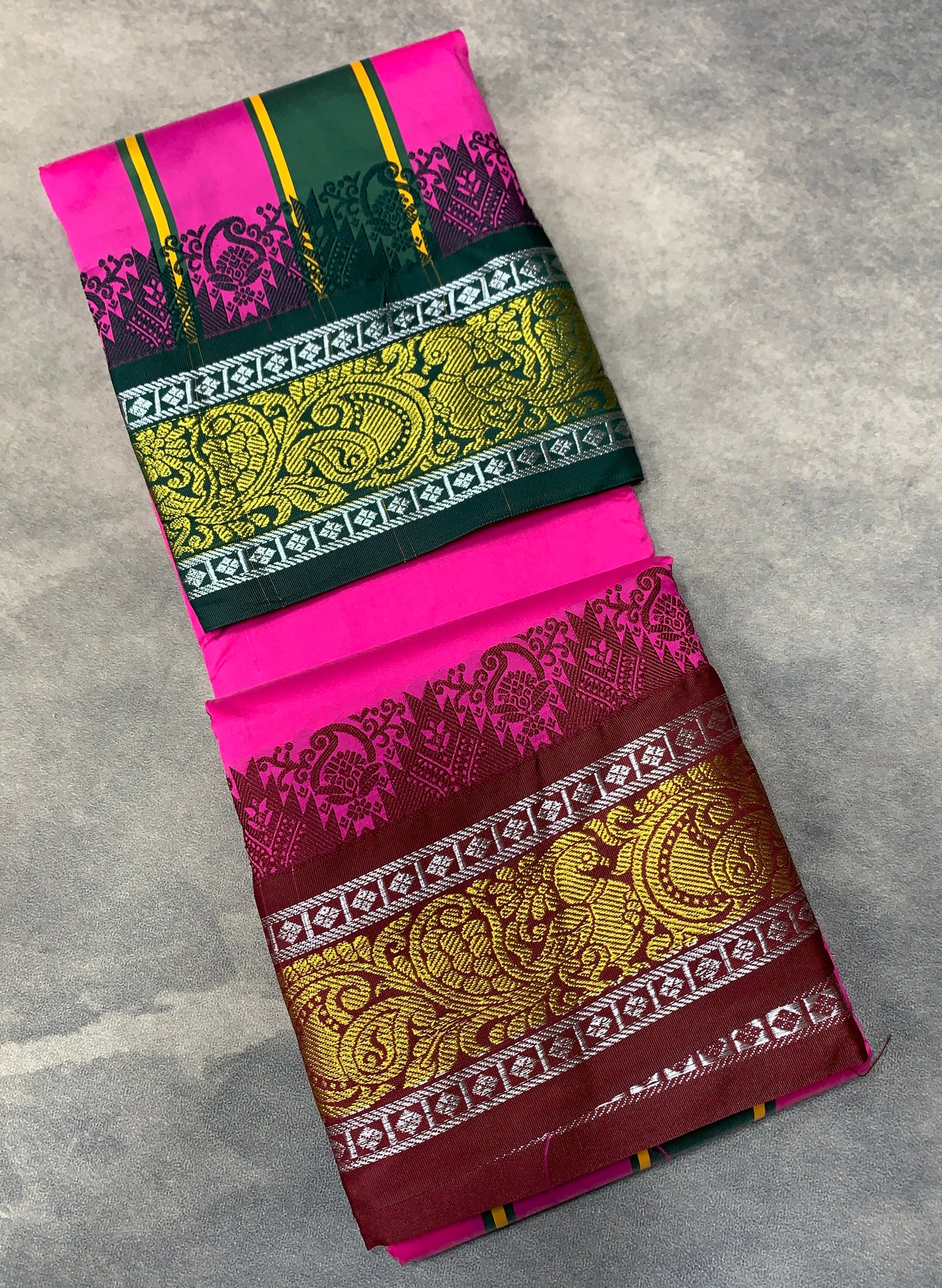Art Silk Dhothi 9X5 Pink Colour with Green and Maroon Colour Ganga Jamuna Border