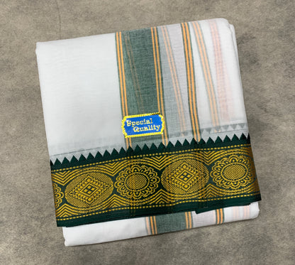 9X5 Cotton Dhoti White Colour with Green and Brown Border with Angavastarm