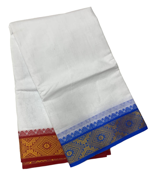 9X5 Cotton Dhoti White Blue and Red Border with Angavastram
