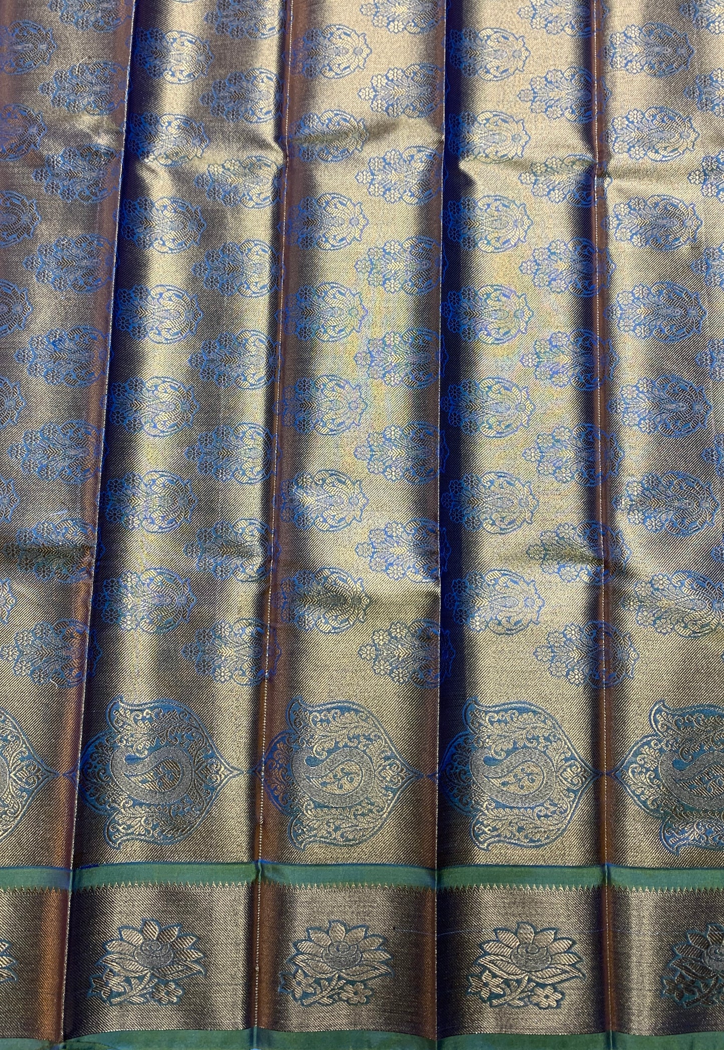 Vegan Silk Saree Blue Colour with Copper and Light Green Border
