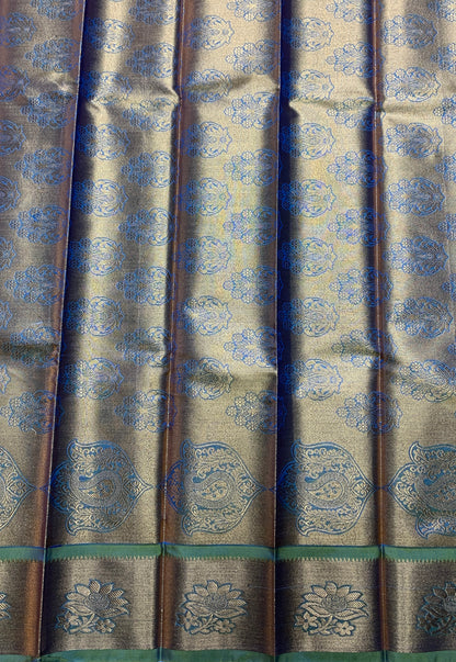 Vegan Silk Saree Blue Colour with Copper and Light Green Border