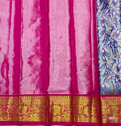 Blue Shade Vegan Silk Kids Pattu Pavadai with Contrast Border for Newborn to 2 Years