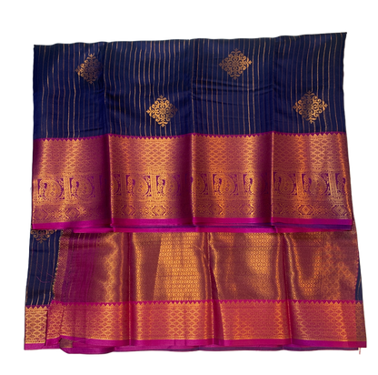 Vegan Lakshadeepam Silk Saree Navy Blue Colour with Copper Zari Border