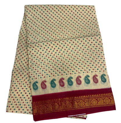 Chettinad Sungudi Cotton Cream Colour with Maroon Border