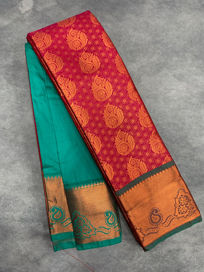 Vegan Silk Saree Pink Colour with Green and Copper Border