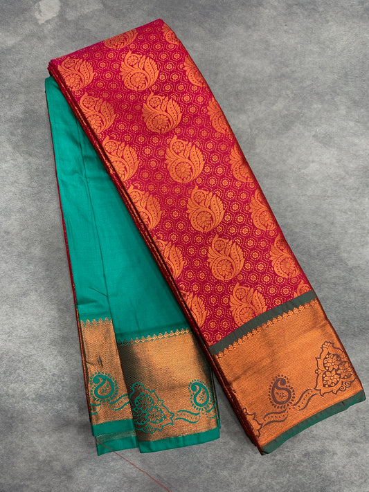 Vegan Silk Saree Pink Colour with Green and Copper Border