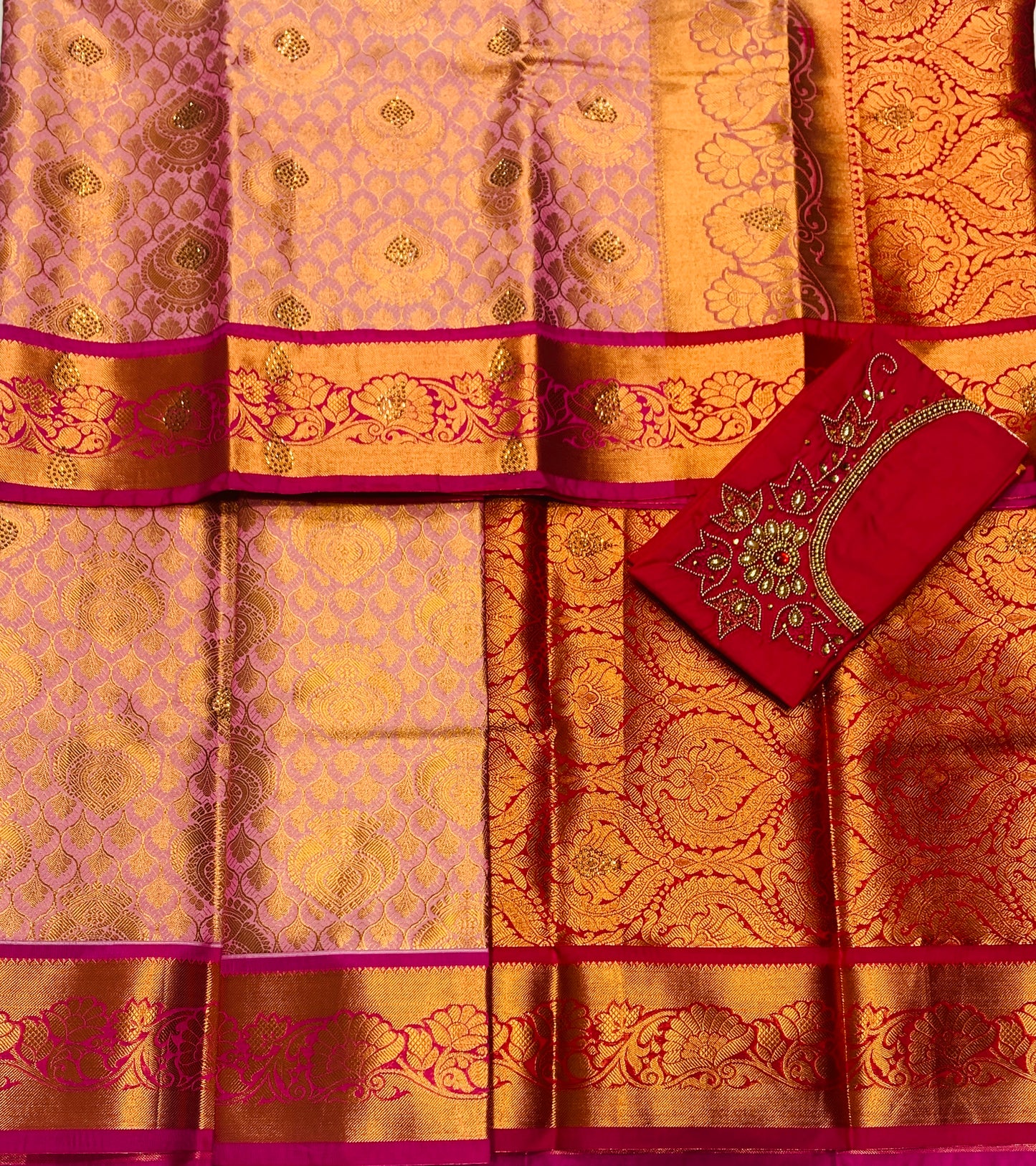 Bridal Vegan Silk Saree Baby Pink shade with Pink Border with Unstitched blouse in Aari work