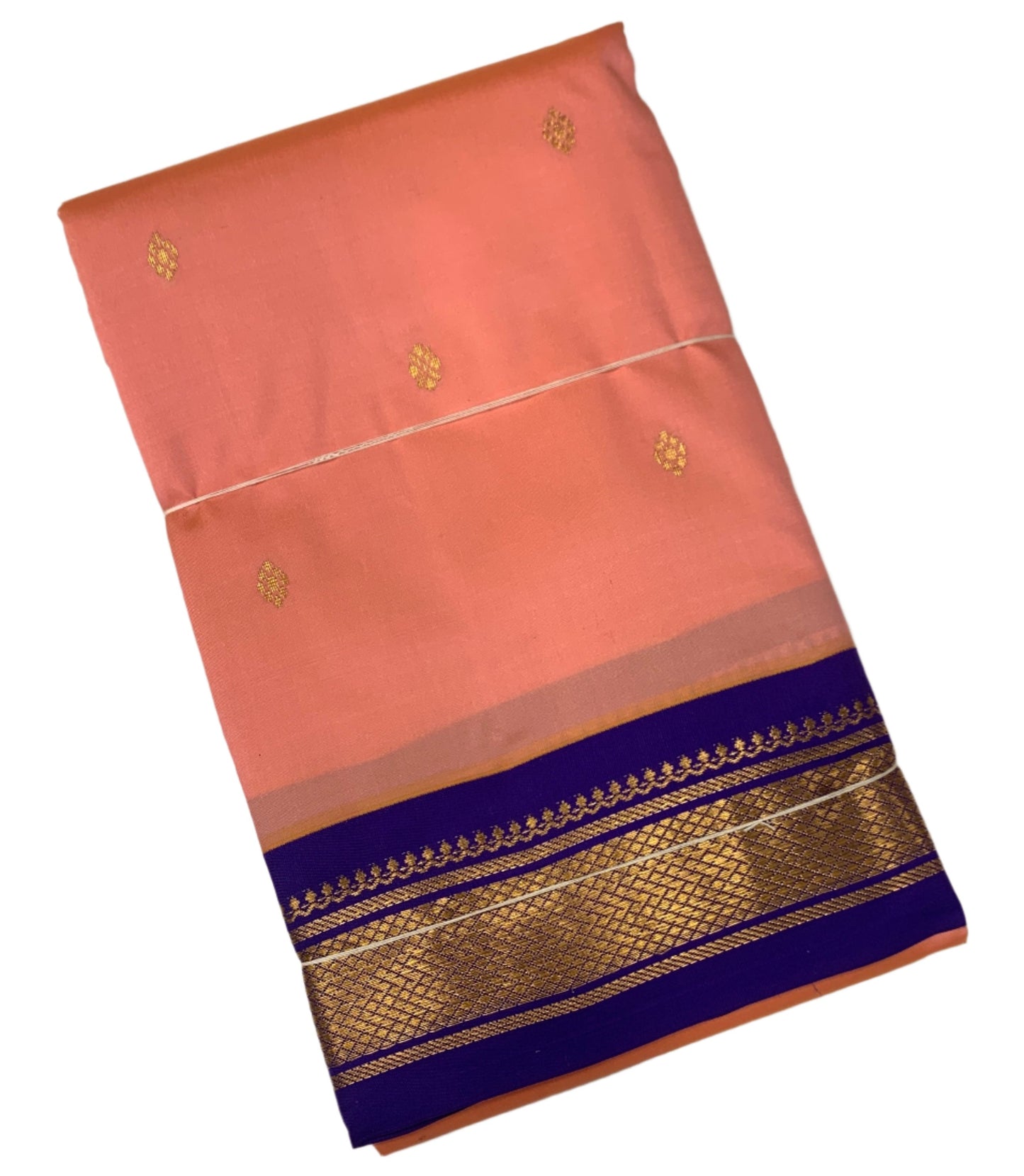 Pure Kanchipuram Silk Peach Pink Colour with Blue Border