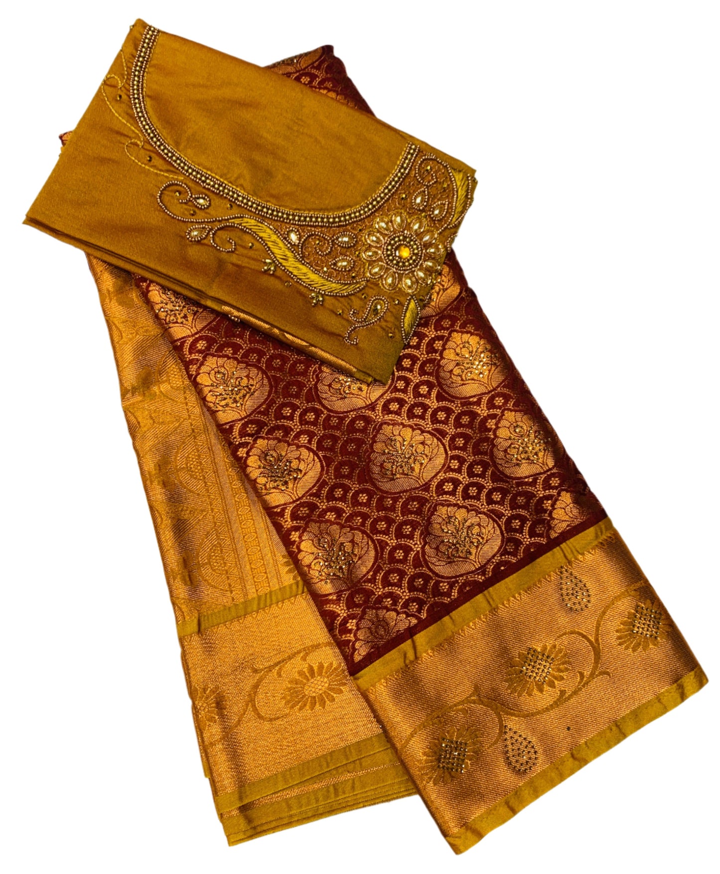 Bridal Vegan Silk Saree Brown shade with Mustard Border with Unstitched blouse in Aari work