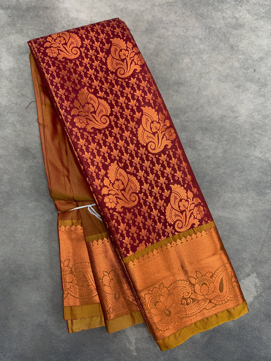 Vegan Silk Saree Maroon Colour with Golden Yellow and Copper Border