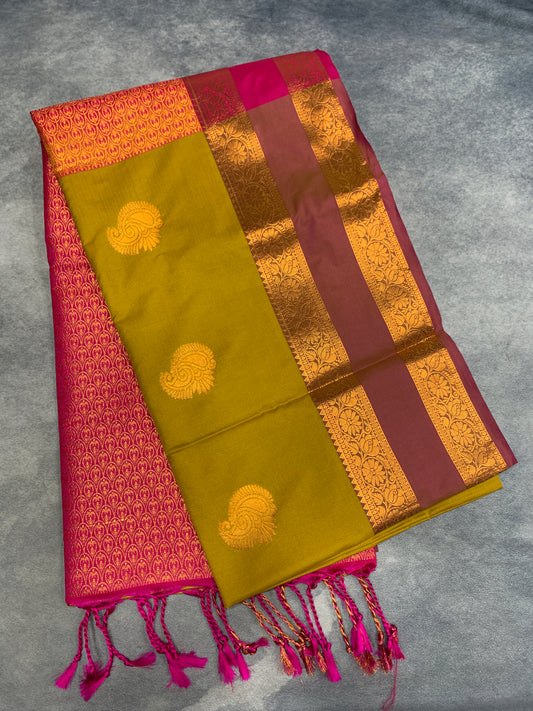 Soft Vegan Silk Saree Lime Green Colour with Rettai Pettu Border