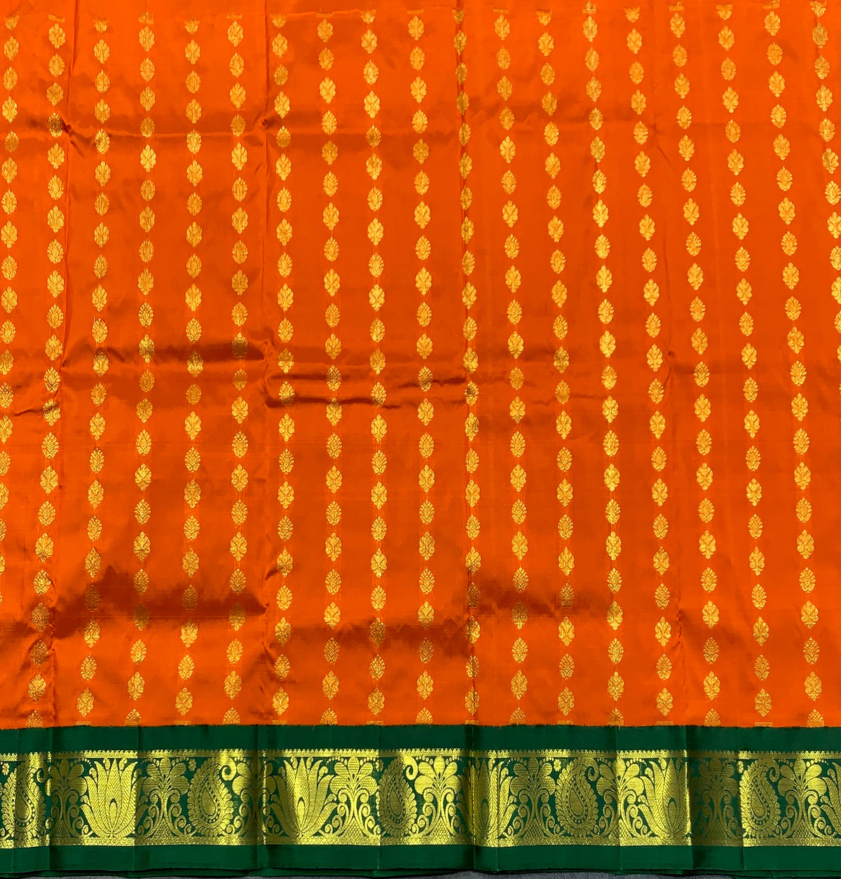 Orange Shade Pure Kanchipuram Kids Pattu Pavadai with Contrast Border for age 2 to 5