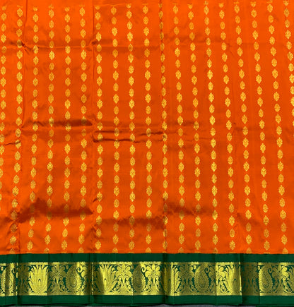 Orange Shade Pure Kanchipuram Kids Pattu Pavadai with Contrast Border for age 2 to 5
