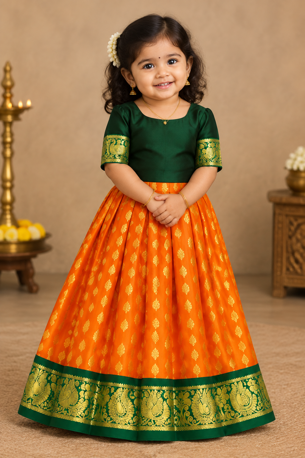 Orange Shade Pure Kanchipuram Kids Pattu Pavadai with Contrast Border for age 2 to 5