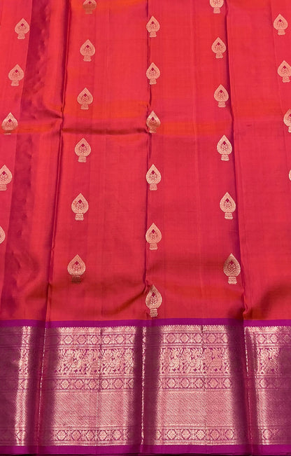 Pure Kanchipuram Silk Saree Peachish Pink Colour with Pink Boder